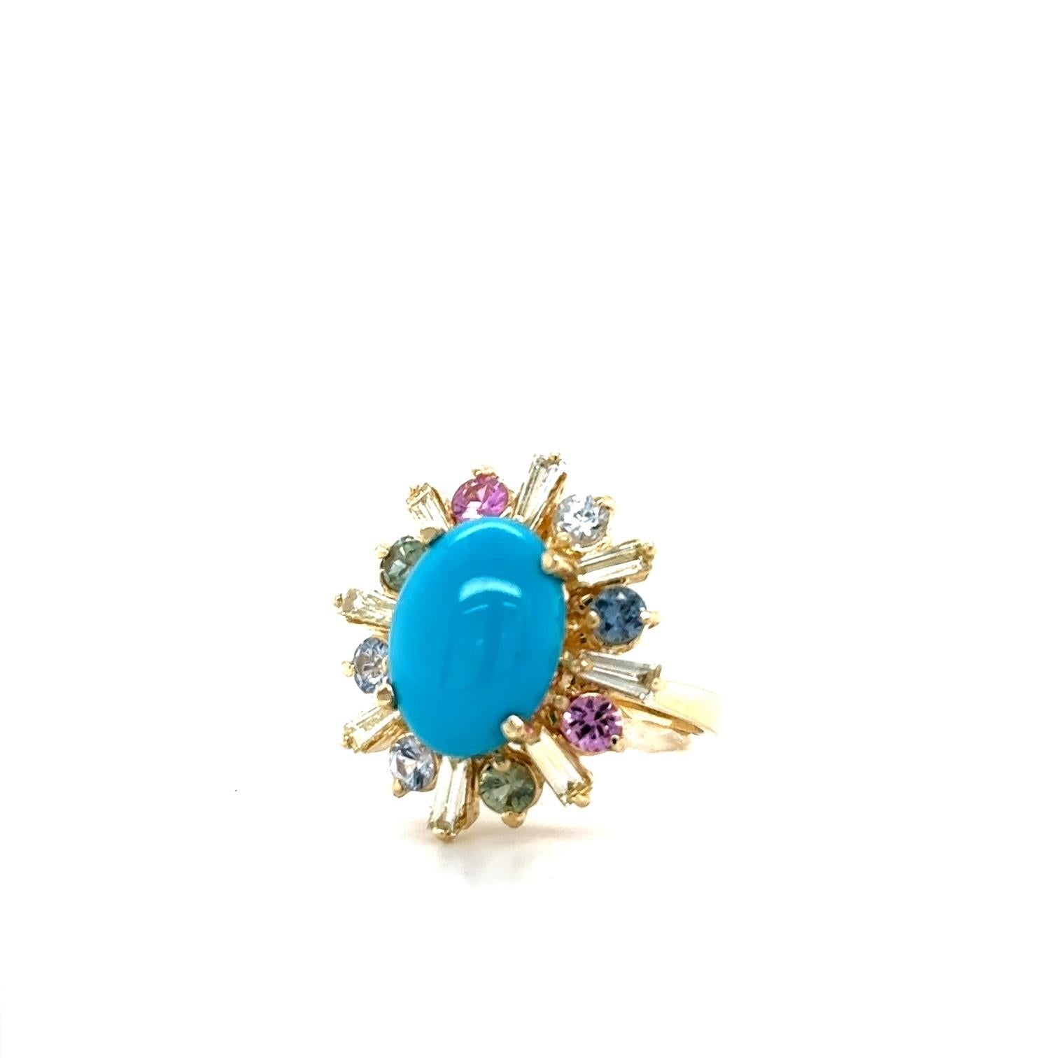Art déco Bague de cocktail en or jaune avec turquoise naturelle de 6,90 carats, diamant et saphir en vente