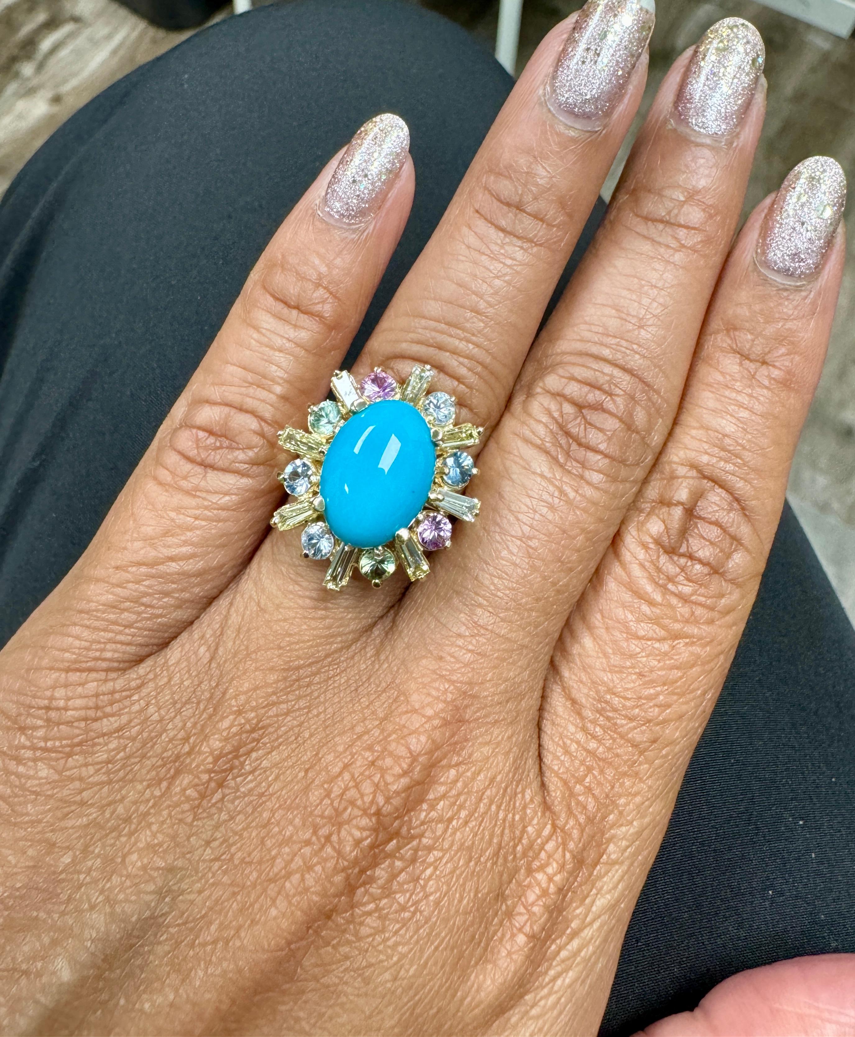 Bague de cocktail en or jaune avec turquoise naturelle de 6,90 carats, diamant et saphir Pour femmes en vente