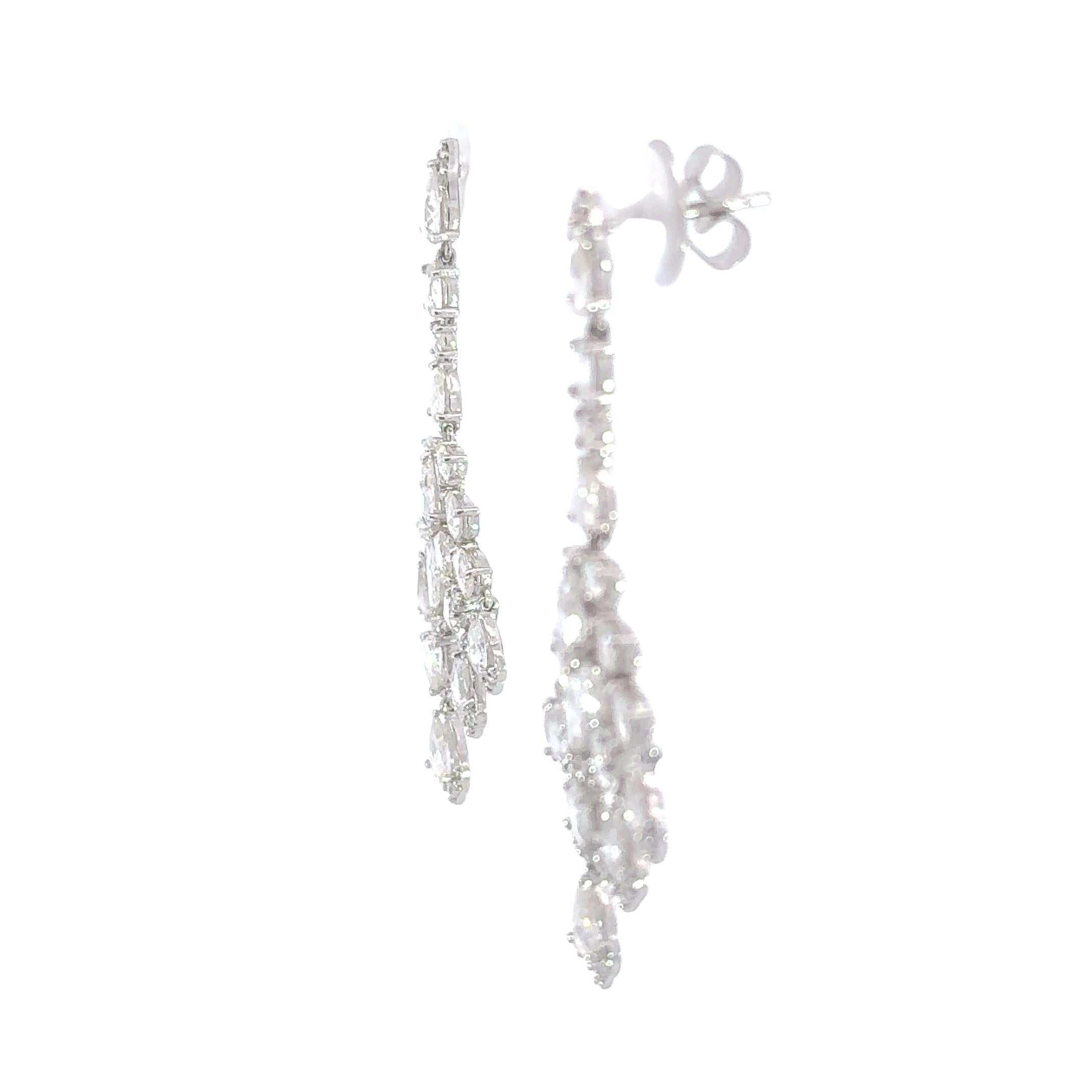 6.90 Carat Pear Rose Cut  Diamond Chandelier Drop 18K White Gold Earrings In New Condition For Sale In New York, NY
