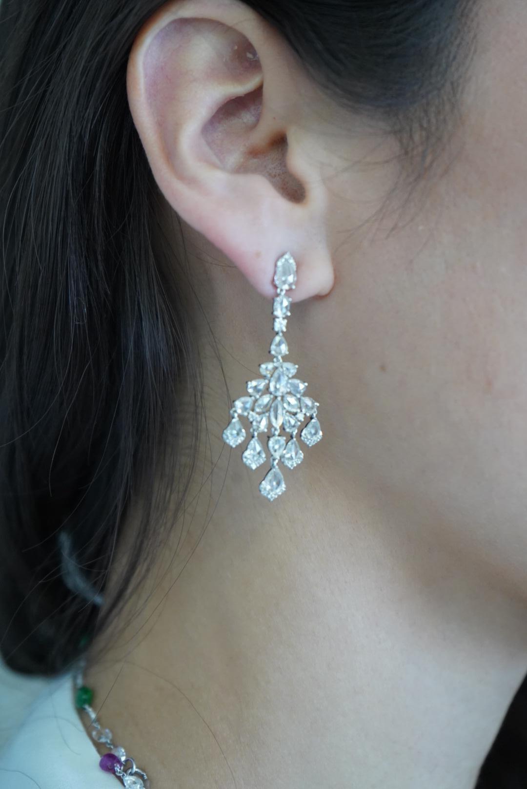 Women's 6.90 Carat Pear Rose Cut  Diamond Chandelier Drop 18K White Gold Earrings