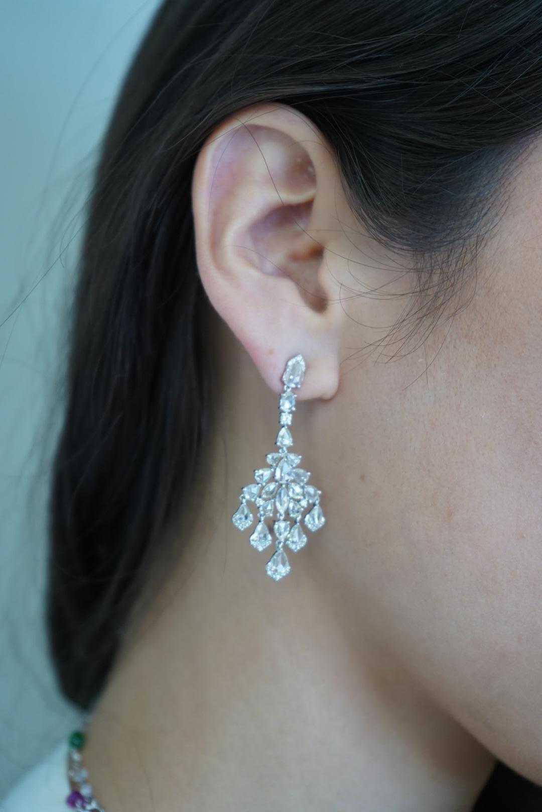 6.90 Carat Pear Rose Cut  Diamond Chandelier Drop 18K White Gold Earrings 1