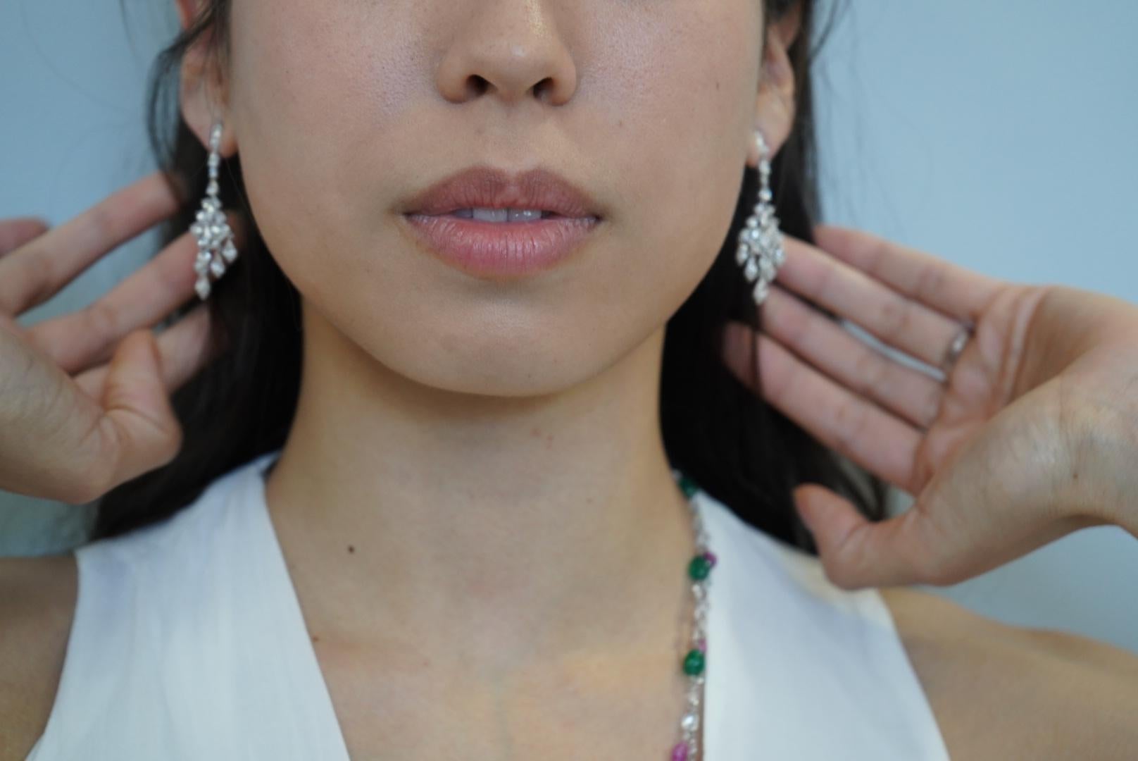 6.90 Carat Pear Rose Cut  Diamond Chandelier Drop 18K White Gold Earrings For Sale 2