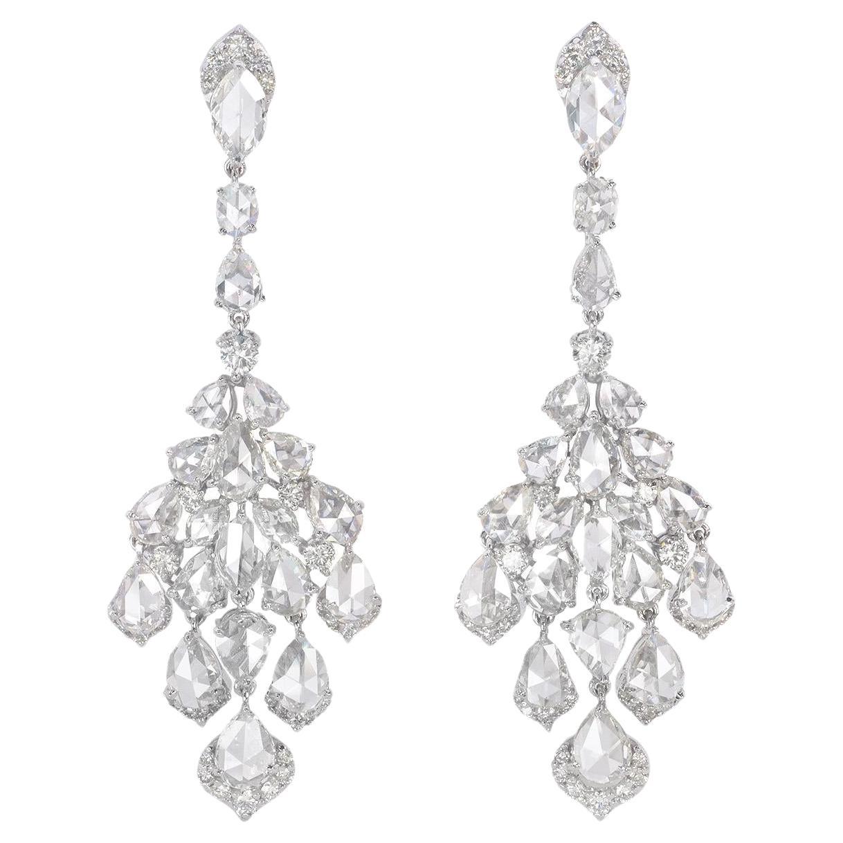 6.90 Carat Pear Rose Cut  Diamond Chandelier Drop 18K White Gold Earrings
