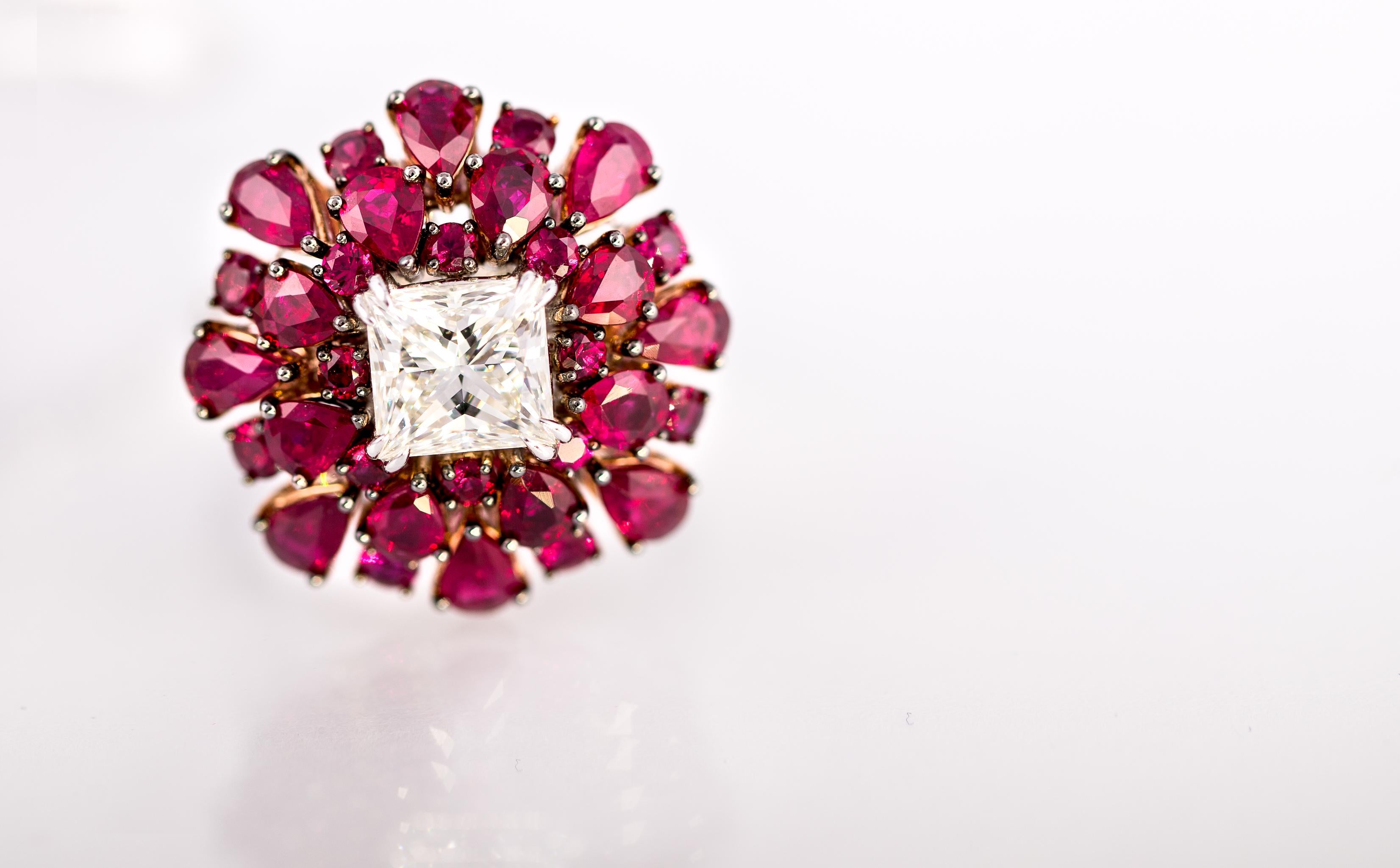 Princess Cut 6.90 Carat Ruby and Diamond Cocktail Ring For Sale