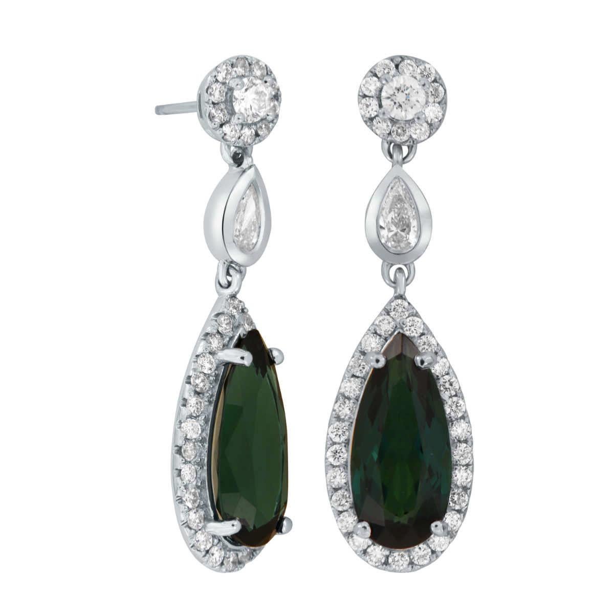 Pear Cut 6.90 Carat Teal Color Pear Tourmaline 18K White Gold Dangling Earrings For Sale