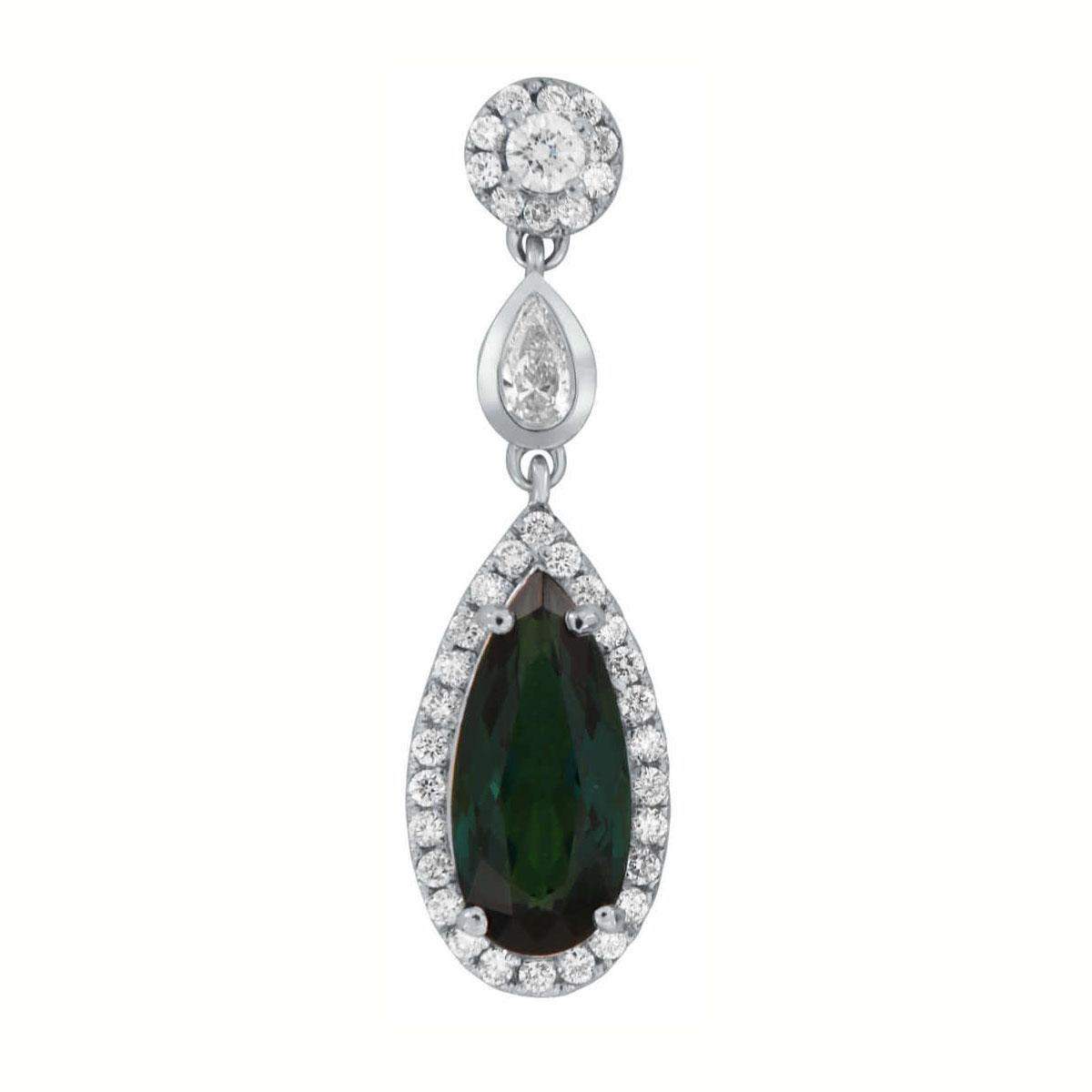 6.90 Carat Teal Color Pear Tourmaline 18K White Gold Dangling Earrings In New Condition For Sale In San Francisco, CA