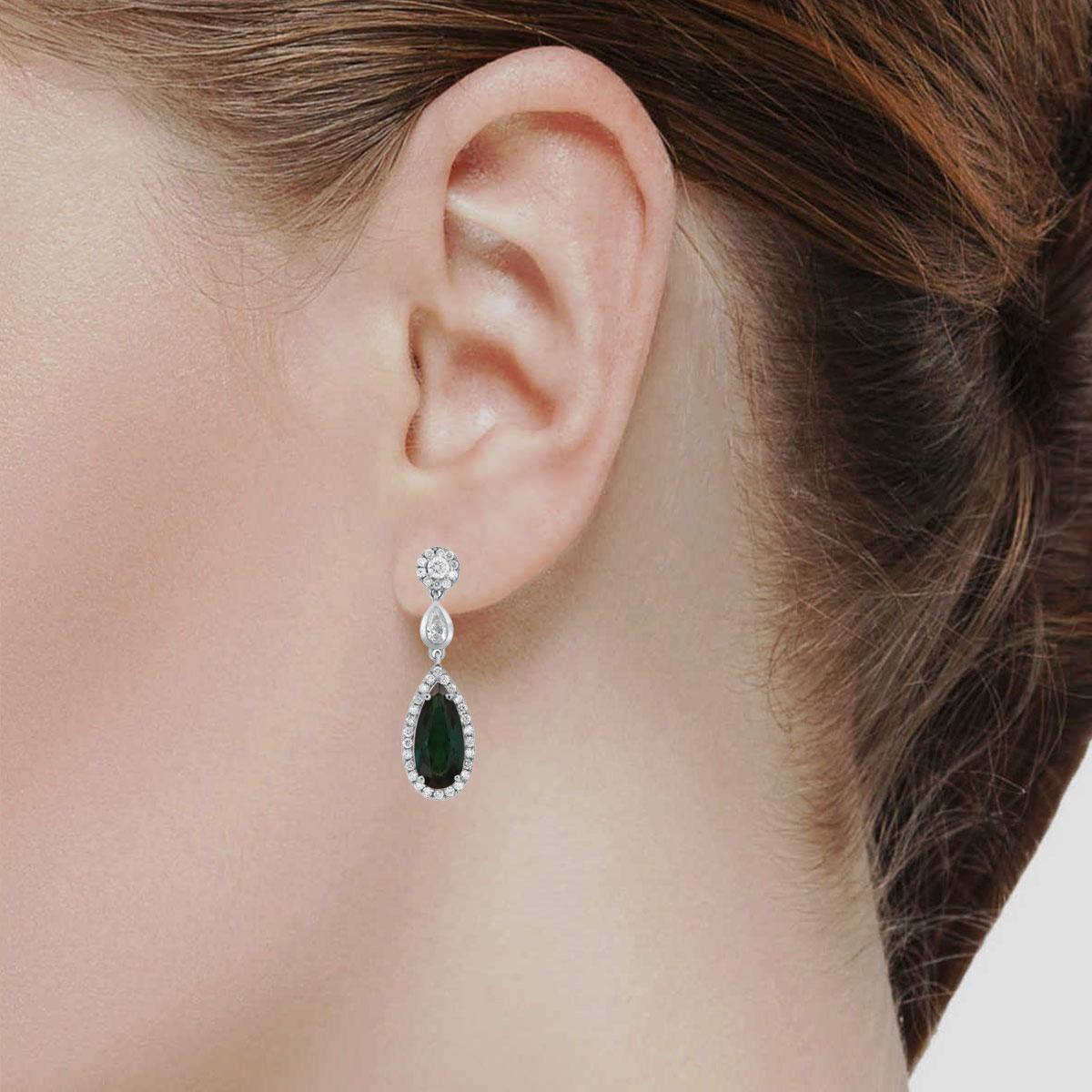 Women's 6.90 Carat Teal Color Pear Tourmaline 18K White Gold Dangling Earrings For Sale
