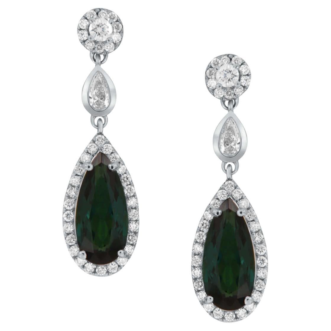 6.90 Carat Teal Color Pear Tourmaline 18K White Gold Dangling Earrings For Sale