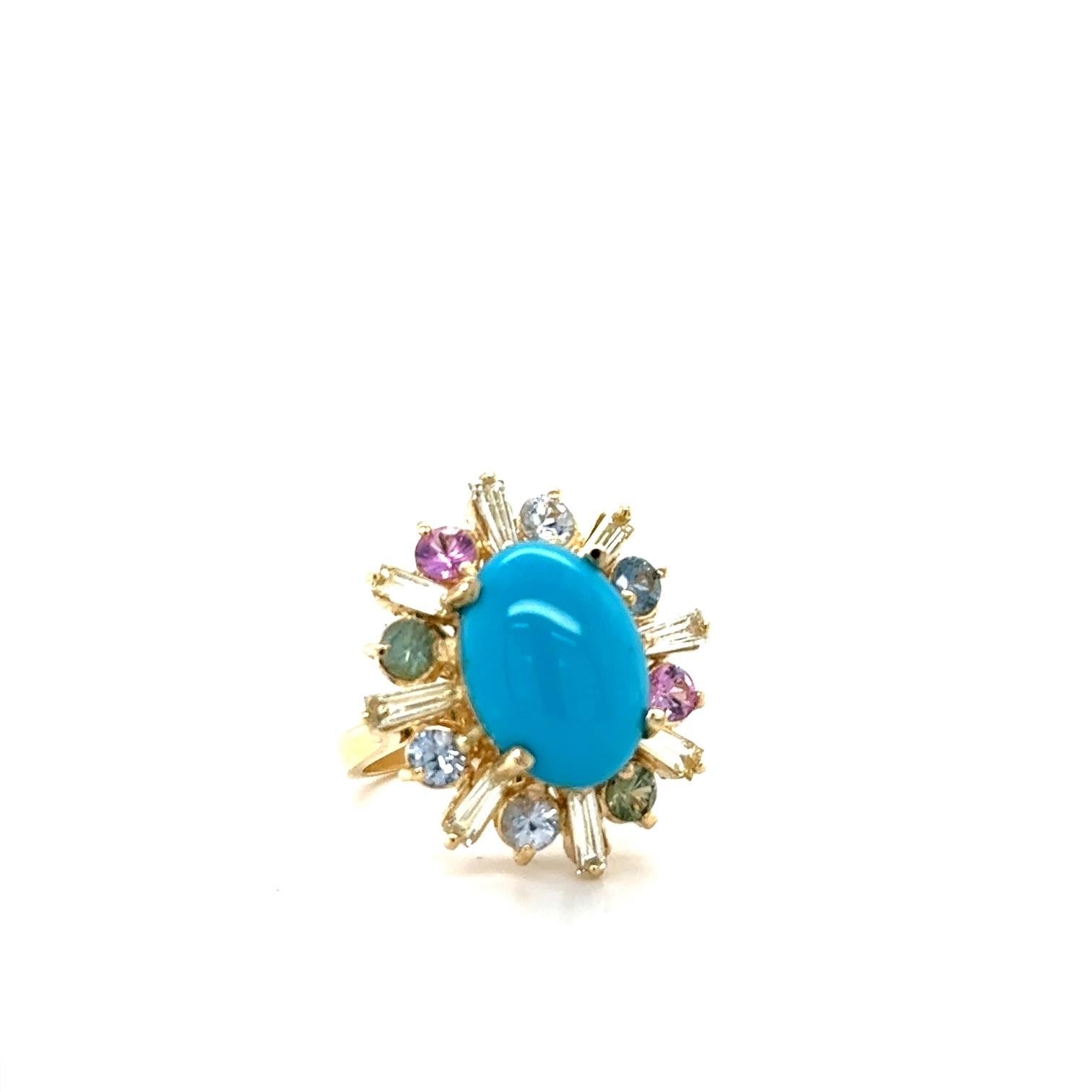 6.90 Carat Turquoise Diamond Sapphire Yellow Gold Cocktail Ring

A unique stunner.....

This ring has a 4.71 Carat Oval Cut Turquoise and is surrounded by 8 Tapered Baguette Cut Natural Diamonds that weigh 0.81 Carats and 8 Multi-Color Sapphires