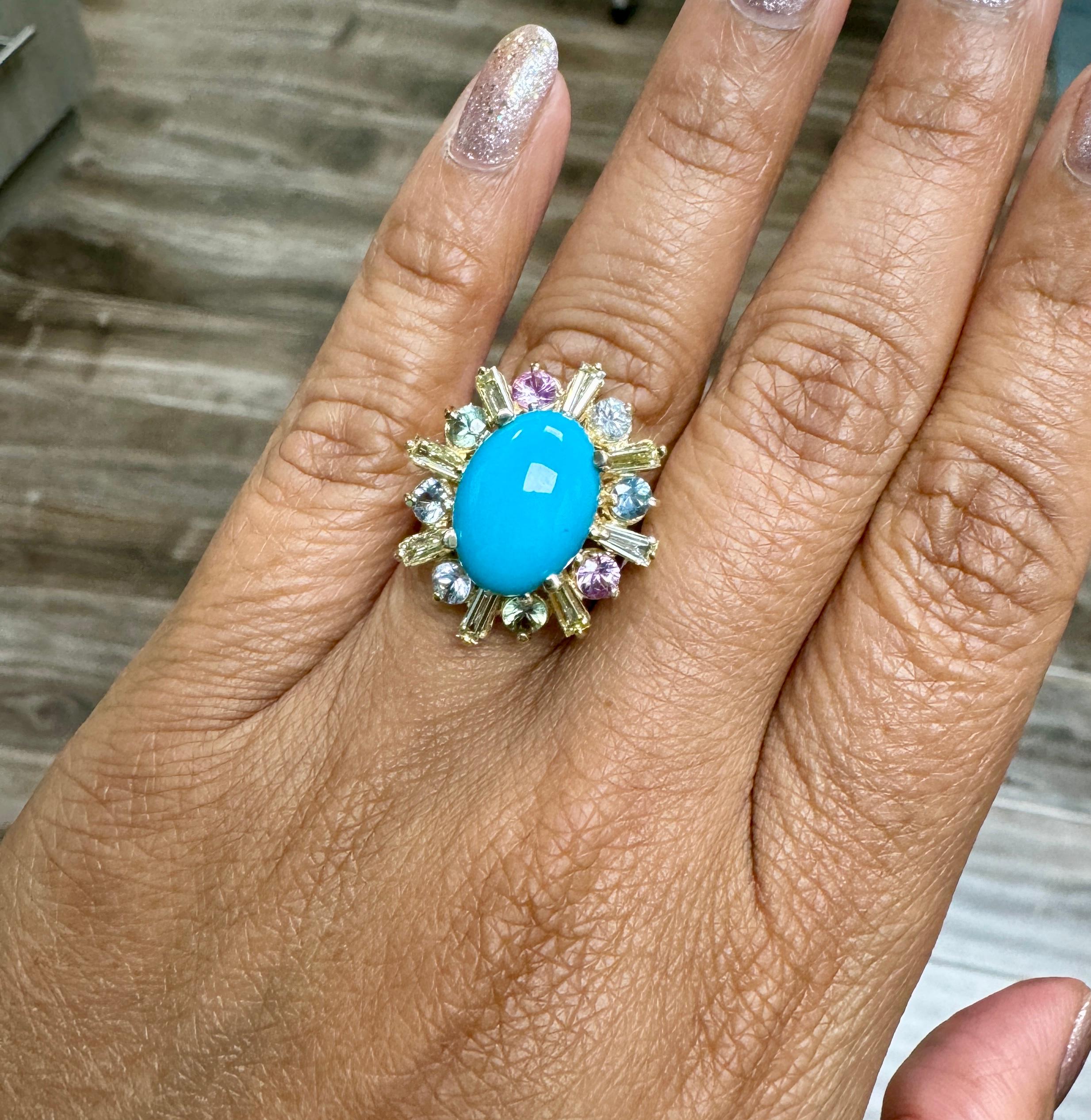 6.90 Carat Turquoise Diamond Sapphire Yellow Gold Cocktail Ring In New Condition For Sale In Los Angeles, CA