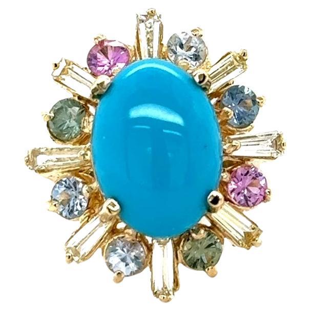 6.90 Carat Turquoise Diamond Sapphire Yellow Gold Cocktail Ring For Sale