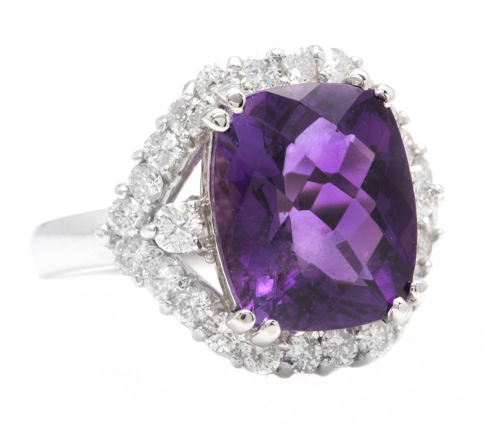 6.90 Carats Natural Amethyst and Diamond 14K Solid White Gold Ring

Suggested Replacement Value $5,000.00

Total Natural Checkerboard Cushion Cut Amethyst Weights: Approx. 6.00 Carats 

Amethyst Measures: Approx. 11.00 x 9.00mm

Natural Round