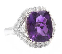 6.90 Carats Natural Amethyst and Diamond 14K Solid White Gold Ring