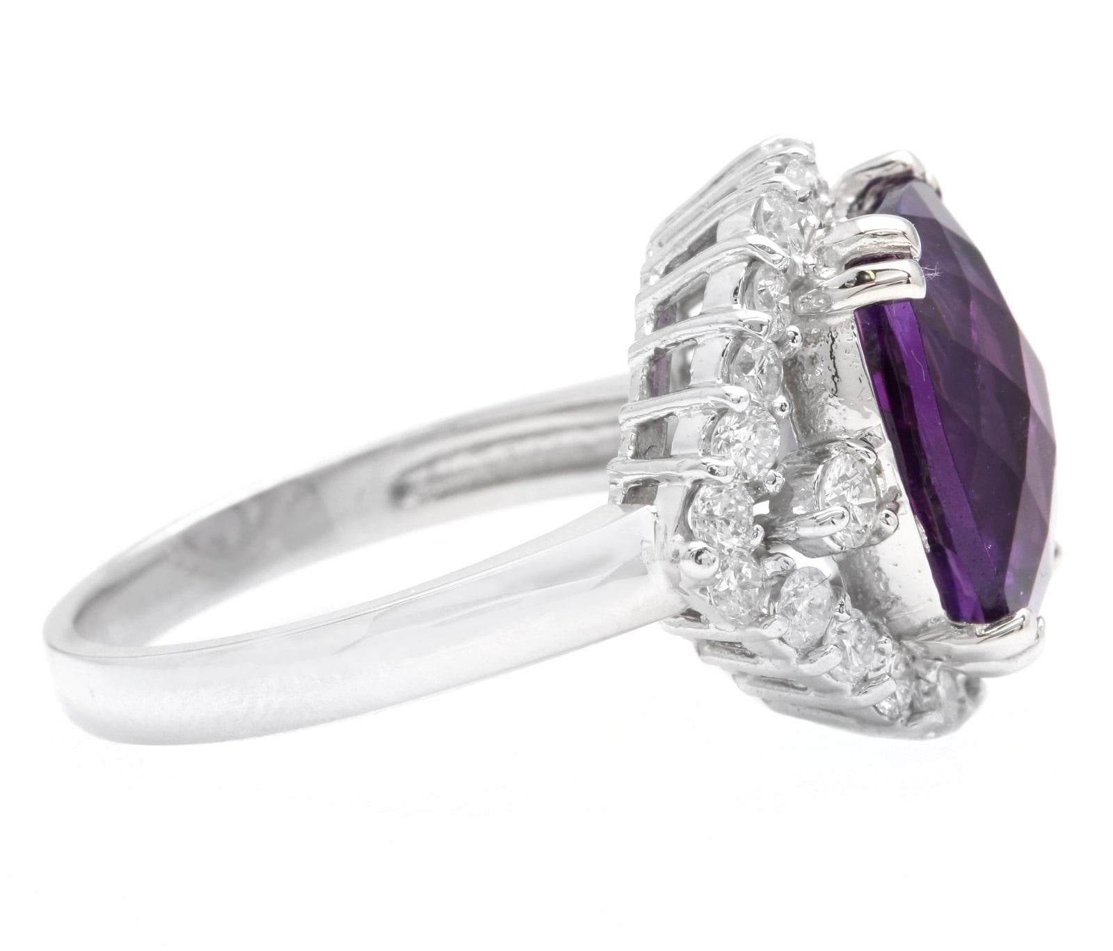 Mixed Cut 6.90 Carats Natural Amethyst and Diamond 14K Solid White Gold Ring For Sale