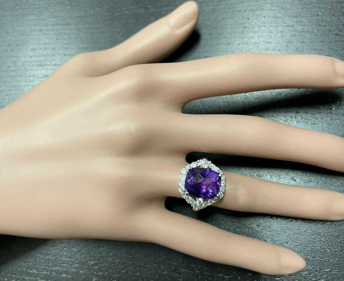 Women's 6.90 Carats Natural Amethyst and Diamond 14K Solid White Gold Ring For Sale
