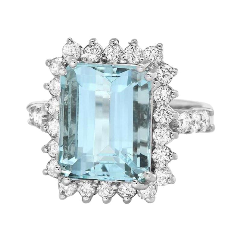 6.90 Carats Natural Aquamarine and Diamond 14k Solid White Gold Ring For Sale