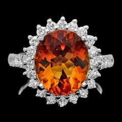 6.90 Carats Natural Citrine and Diamond 14K Solid White Gold Ring