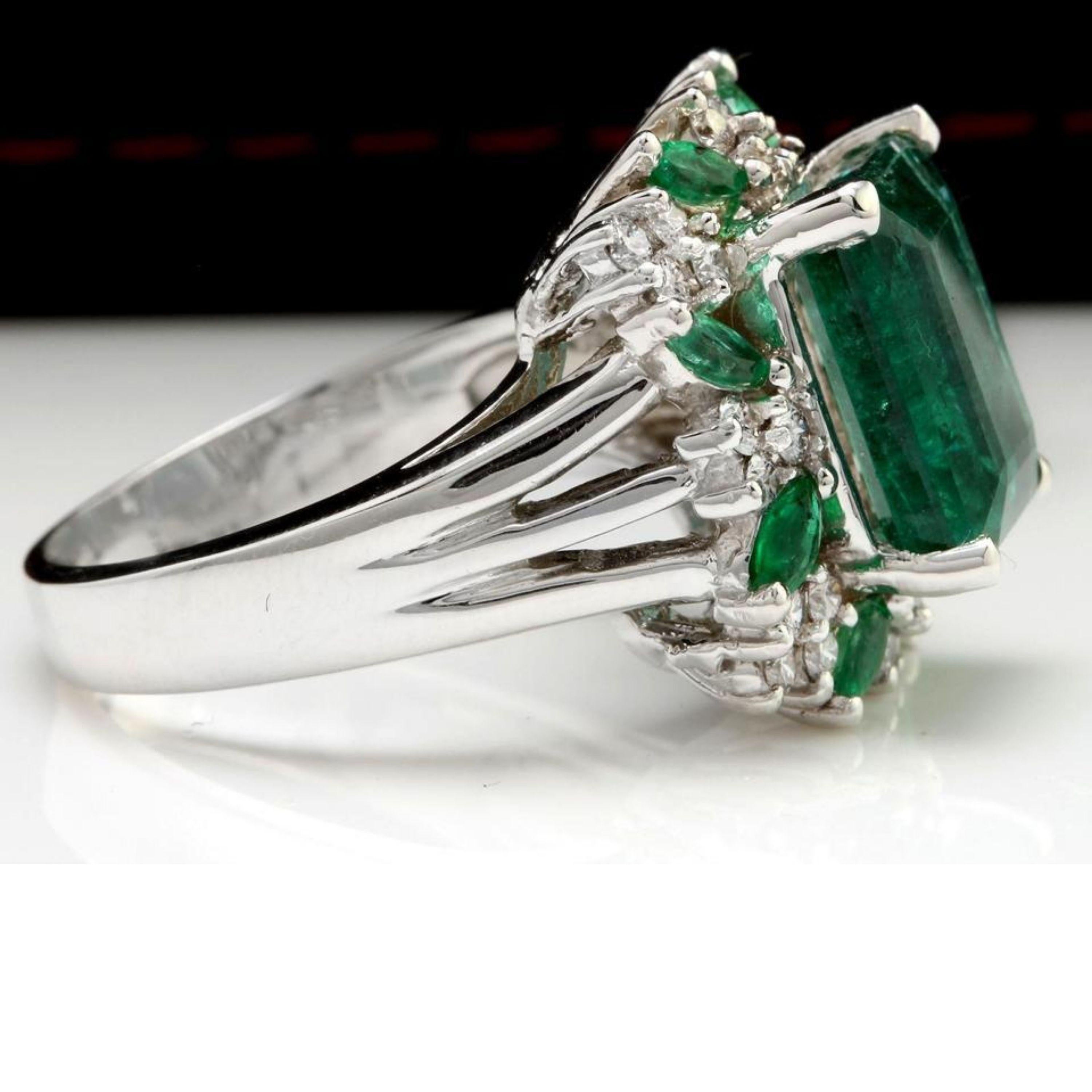 Emerald Cut 6.90 Carat Natural Emerald and Diamond 14 Karat Solid White Gold Ring For Sale