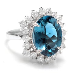 6.90 Carat Natural Impressive London Blue Topaz and Diamond 14 Karat Gold Ring