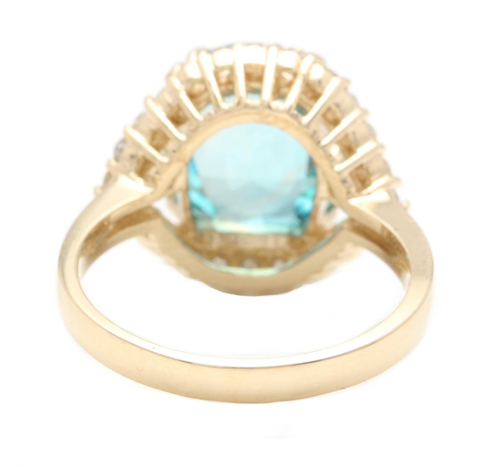 6.90 Ct Natural Very Nice Looking Blue Zircon and Diamond 14K Yellow Gold Ring In New Condition For Sale In Los Angeles, CA
