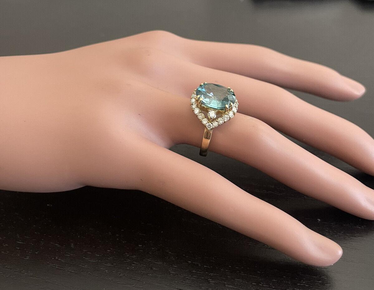 6.90 Ct Natural Very Nice Looking Blue Zircon and Diamond 14K Yellow Gold Ring For Sale 2