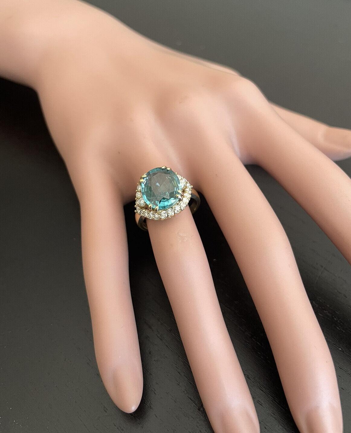 6.90 Ct Natural Very Nice Looking Blue Zircon and Diamond 14K Yellow Gold Ring For Sale 3