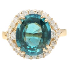 6.90 Ct Natural Very Nice Looking Blue Zircon and Diamond 14K Yellow Gold Ring