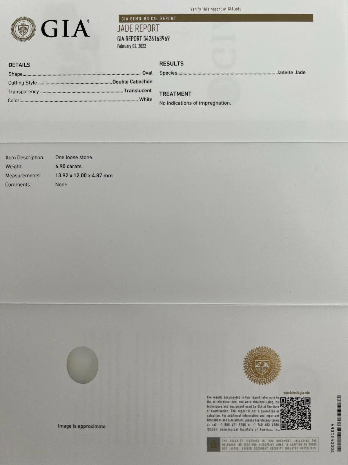 6.90ct GIA Certified White Jadeite Jade ‘A’ Grade Oval Cabochon Untreated In New Condition In Birmingham, GB