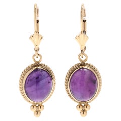 Vintage 6.90ctw Cabochon Amethyst Dangle Earrings, 14KT Yellow Gold