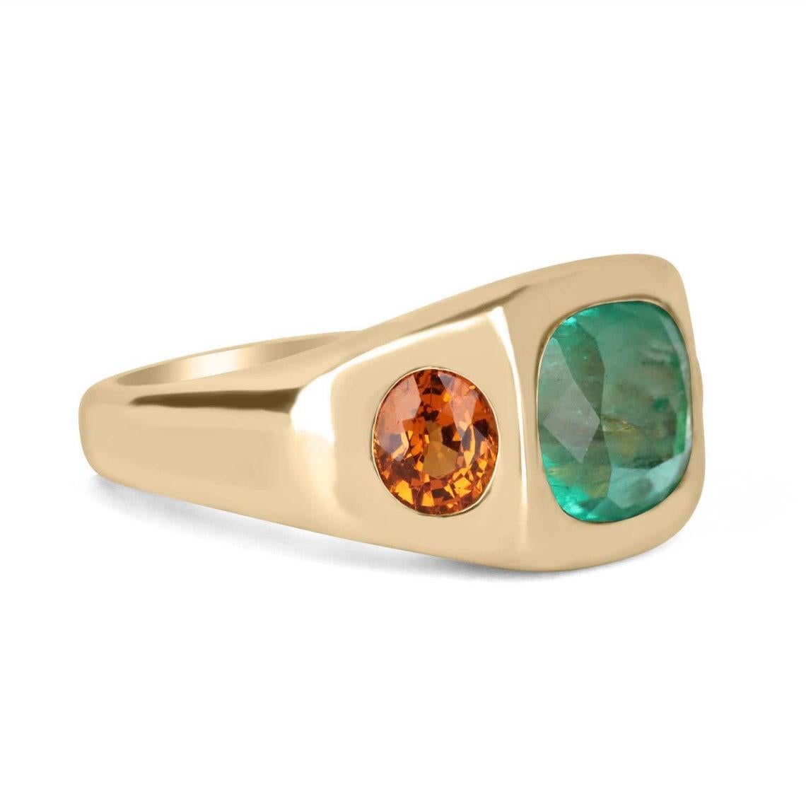Featured here is a breath-taking, LARGE Colombian emerald, and orange sapphire three-stone ring. The center stone is a stunning and whooping 4.90-carat, Colombian emerald cushion cut ethically sourced from the prominent mines of Muzo. This rare