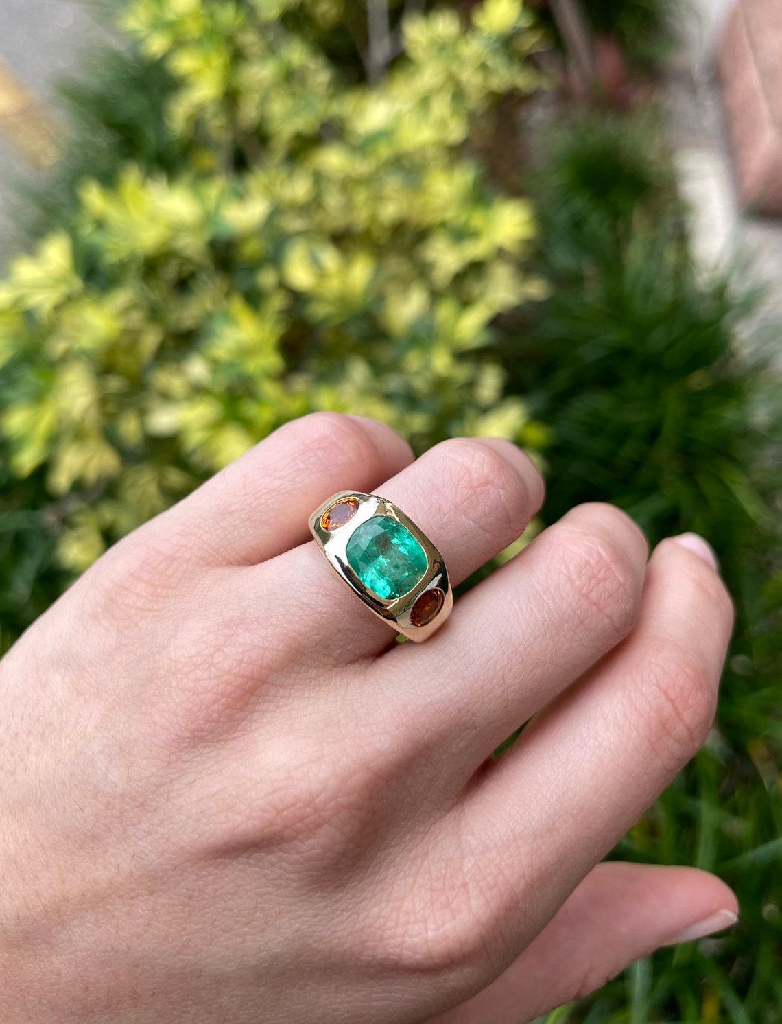 Cushion Cut 7.05tcw 14K 3 Stone Colombian Emerald & Oval Orange Sapphire Gypsy Bezel Ring For Sale