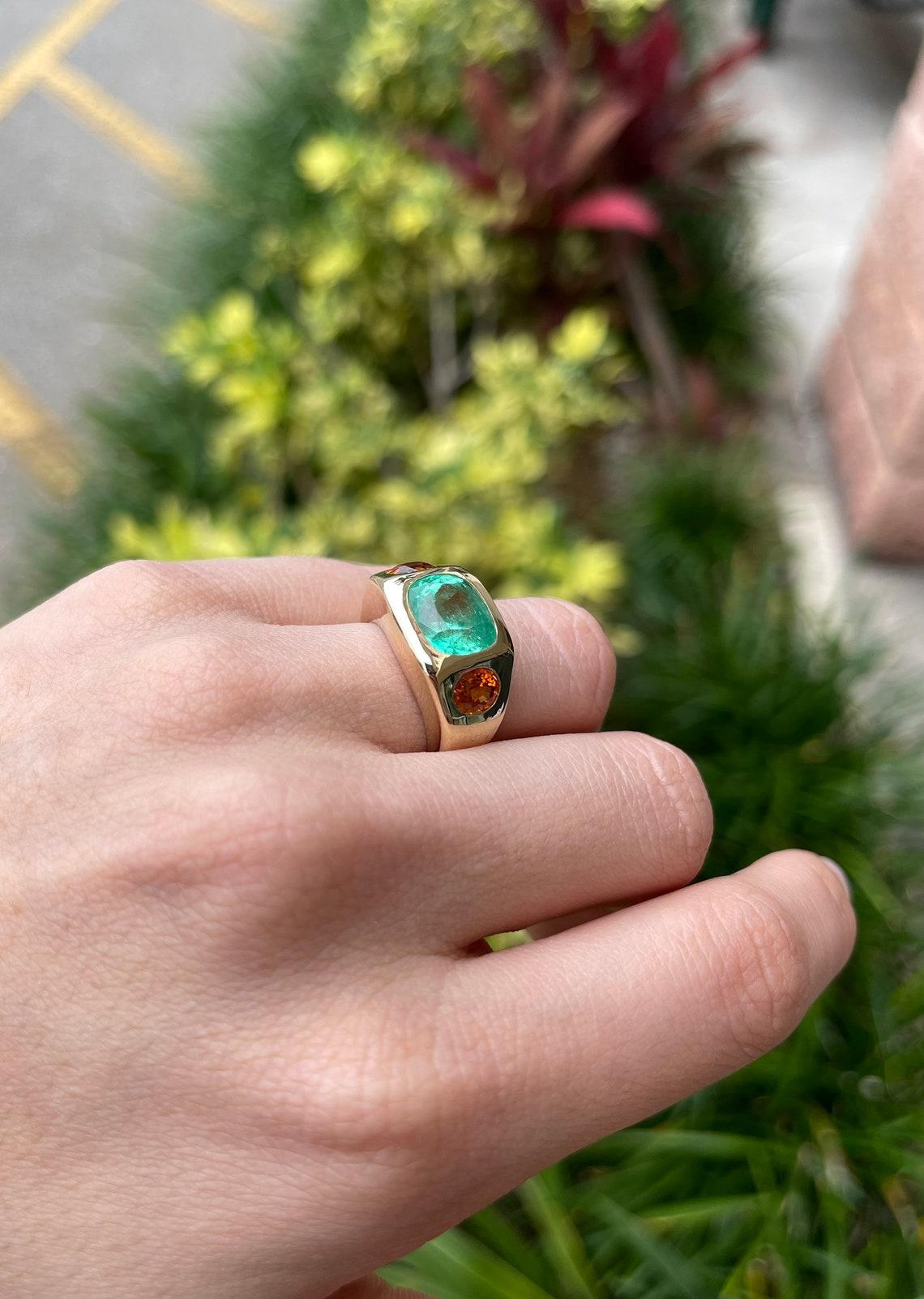Women's 7.05tcw 14K 3 Stone Colombian Emerald & Oval Orange Sapphire Gypsy Bezel Ring For Sale