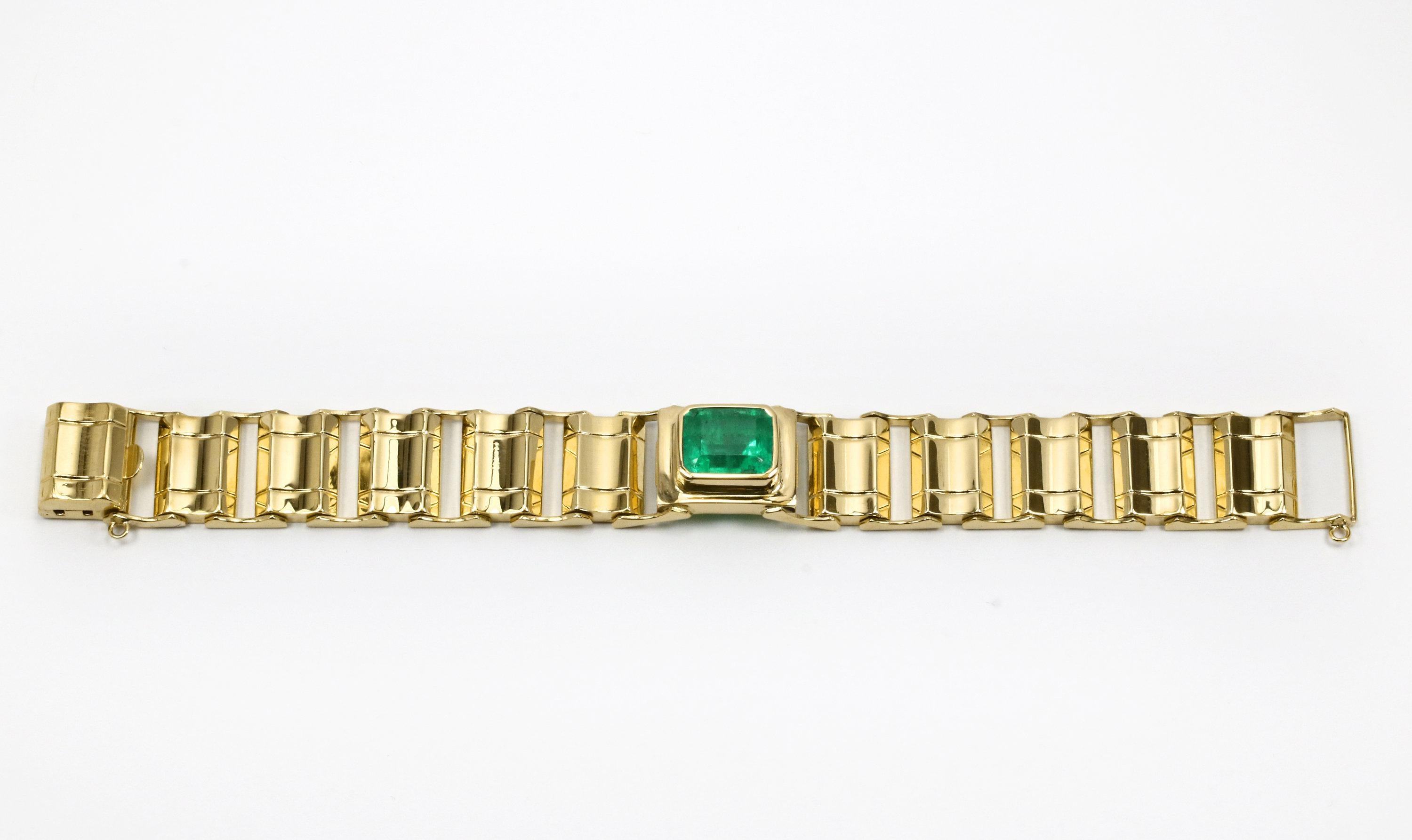 Asscher Cut 6.90tcw Natural Colombian Rich Green Emerald Gold Solitaire Modern Bracelet 14K