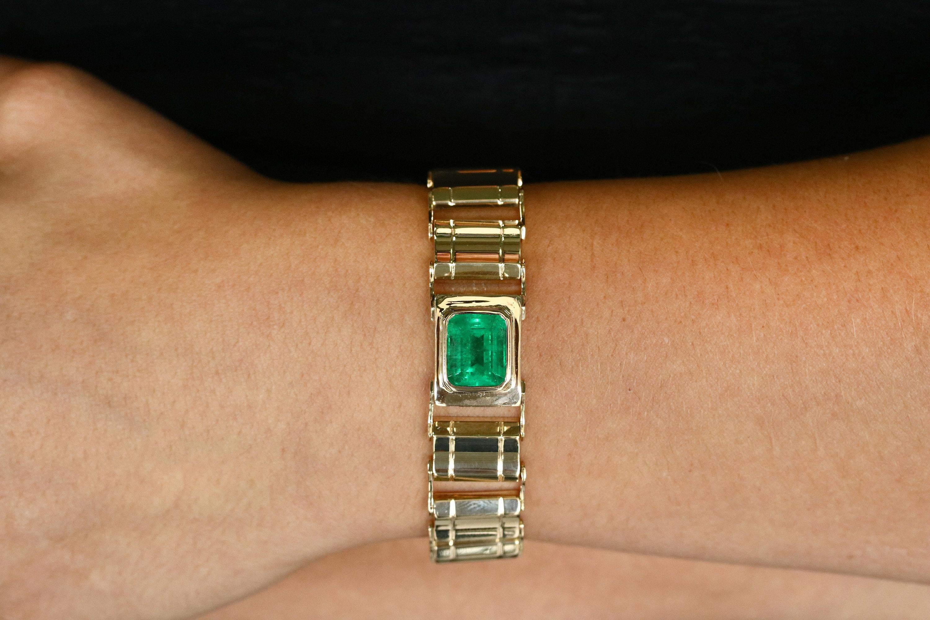 6.90tcw Natural Colombian Rich Green Emerald Gold Solitaire Modern Bracelet 14K 1