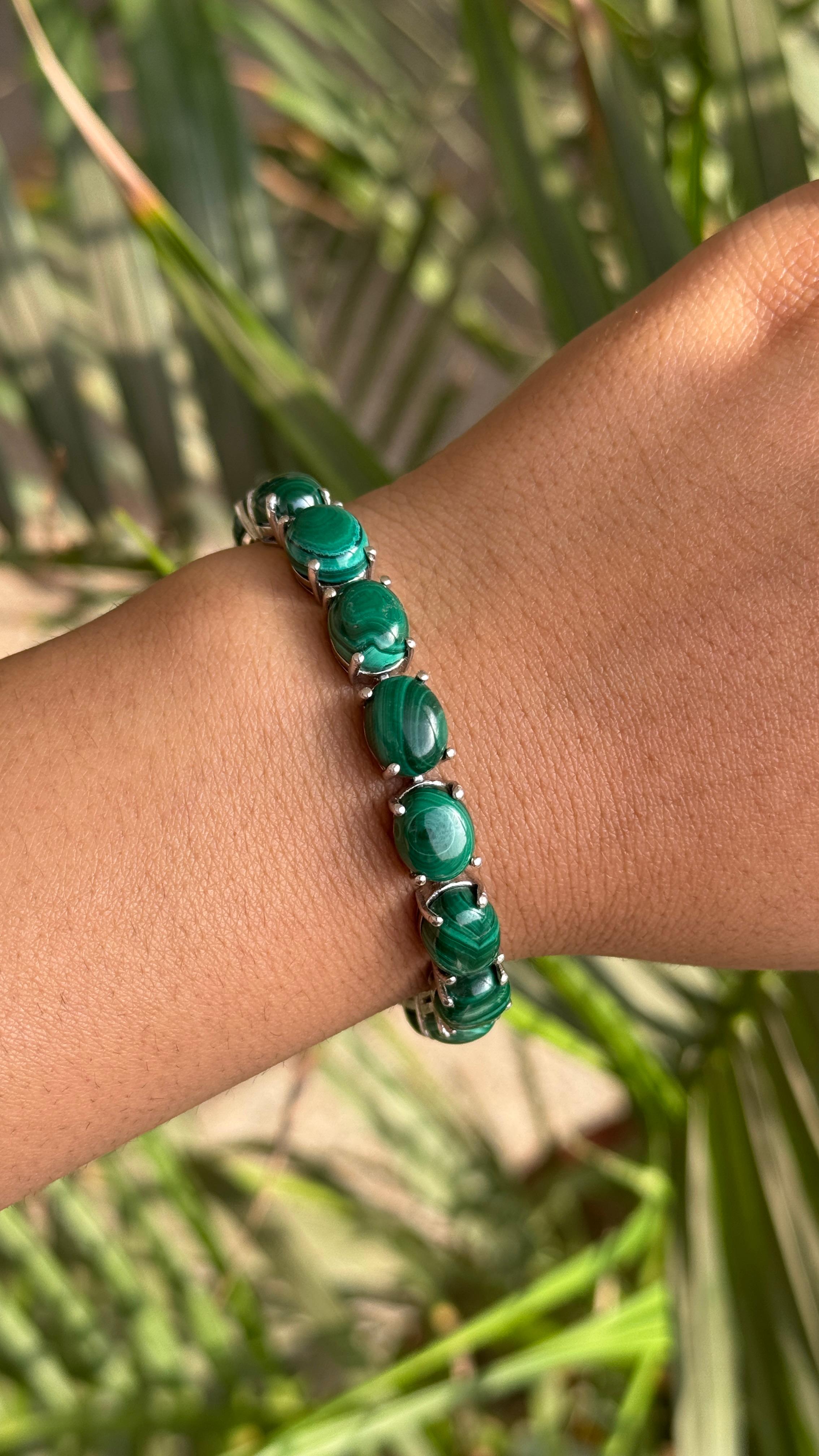 Oval Cut 69.1 Carat Malachite Gemstone Tennis Bracelet for Mother Gift in Sterling Silver For Sale
