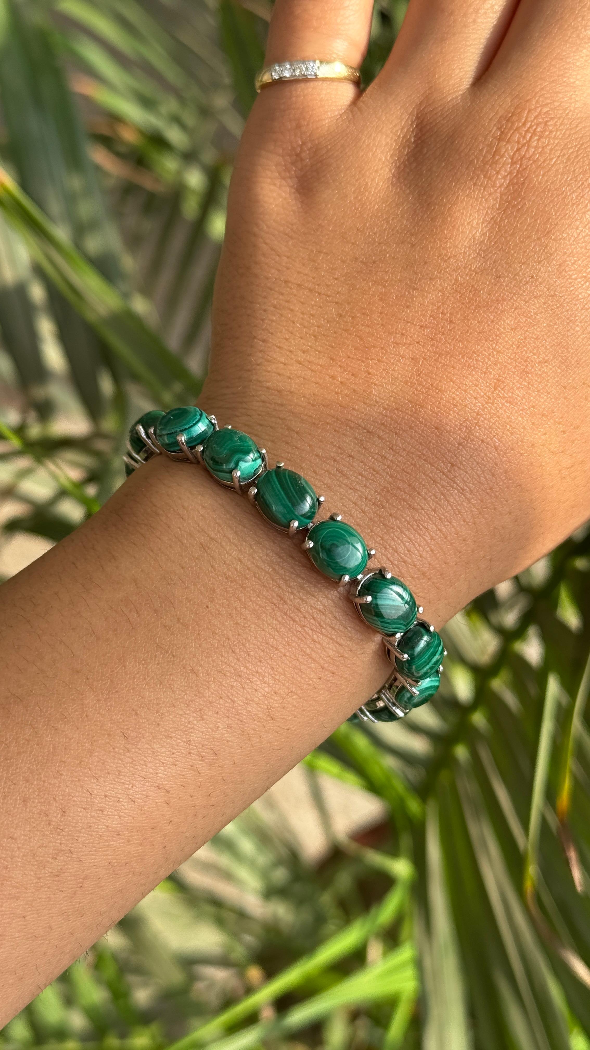 69.1 Carat Malachite Gemstone Tennis Bracelet for Mother Gift in Sterling Silver For Sale 2