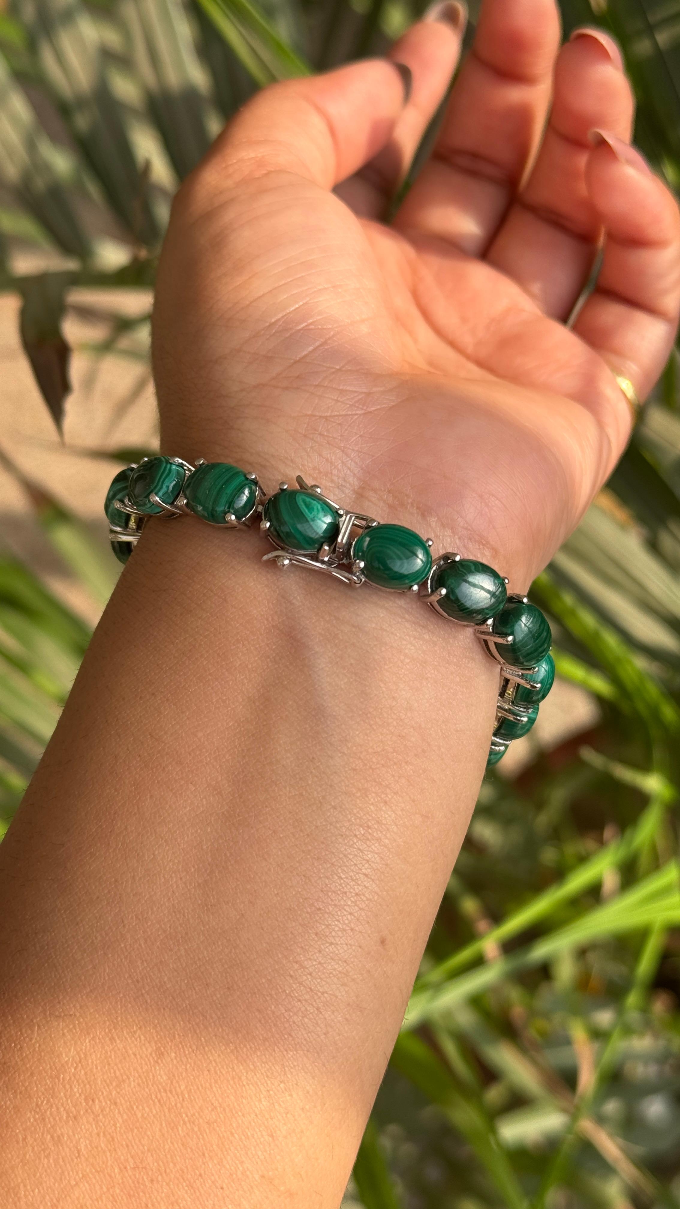 Women's 69.1 Carat Malachite Gemstone Tennis Bracelet for Mother Gift in Sterling Silver For Sale