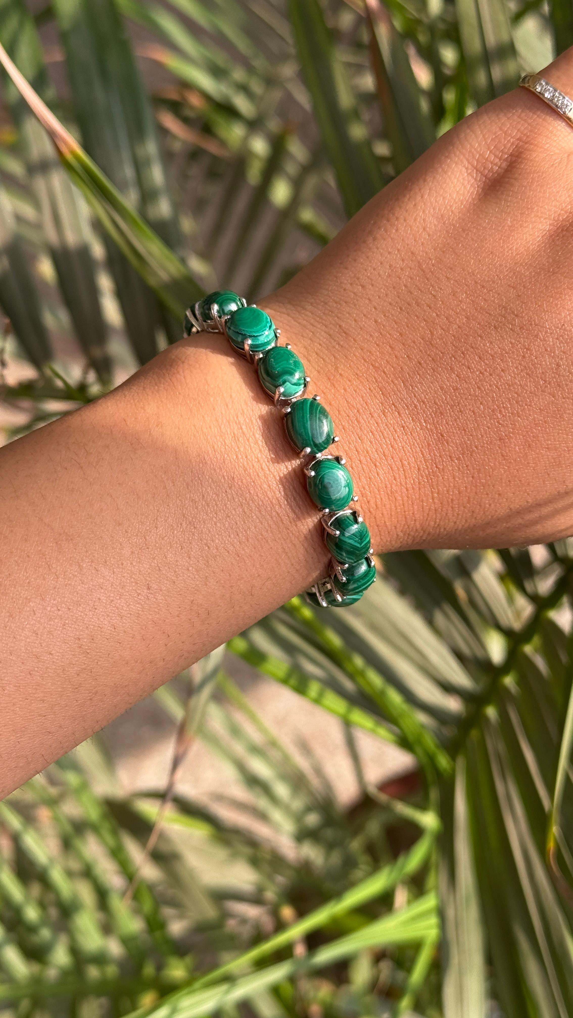 69.1 Carat Malachite Gemstone Tennis Bracelet for Mother Gift in Sterling Silver For Sale 6