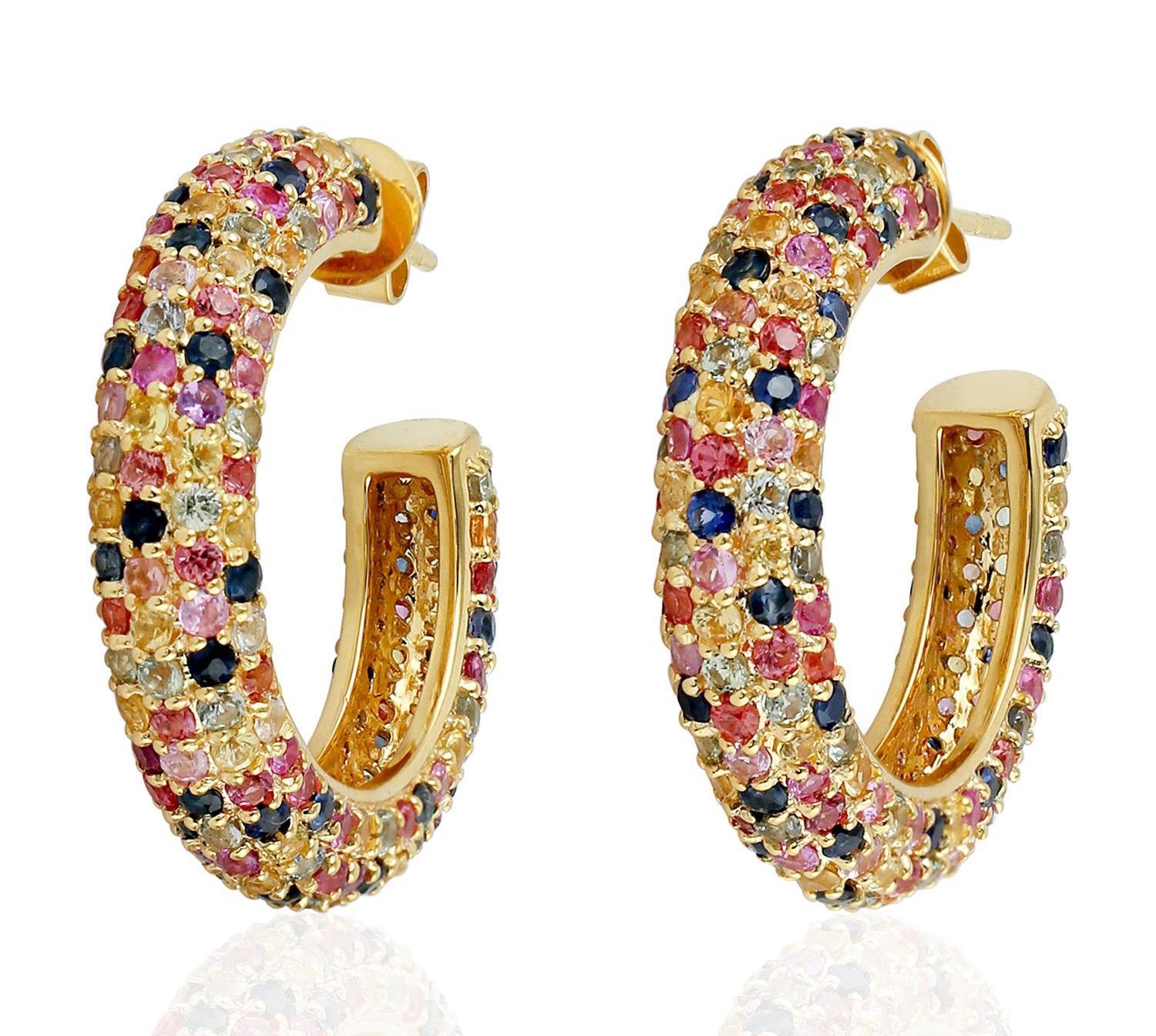 Single Cut 6.91 Carat Multi Sapphire 18 Karat Gold Hoop Earrings For Sale