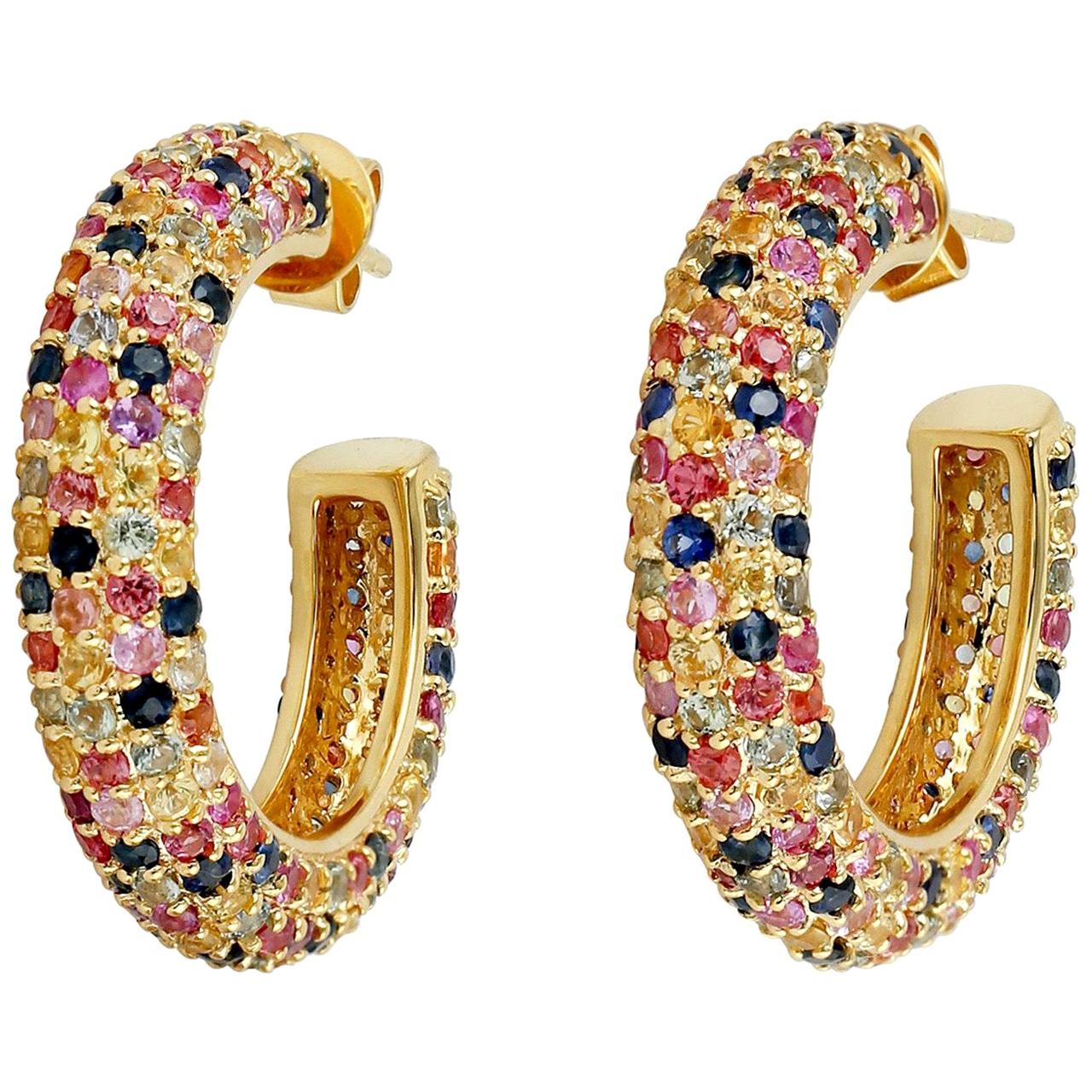 6.91 Carat Multi Sapphire 18 Karat Gold Hoop Earrings For Sale