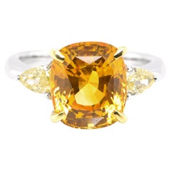 6.91 Carat Natural Yellow Sapphire and Yellow Diamond Ring Set in Platinum/K18