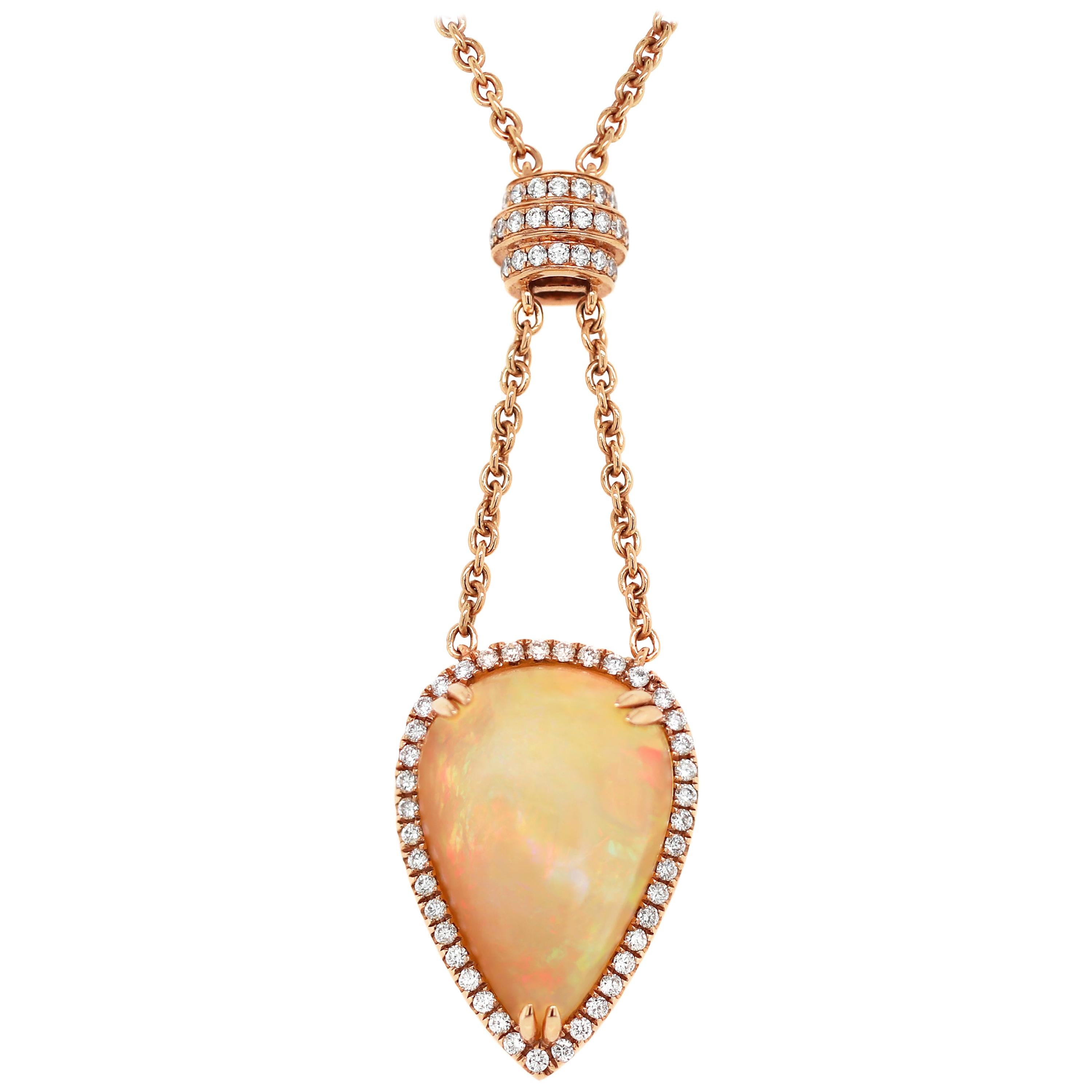 6.91 Carat Pear Cabochon Opal and Diamond Cluster 18 Carat Rose Gold Necklace For Sale