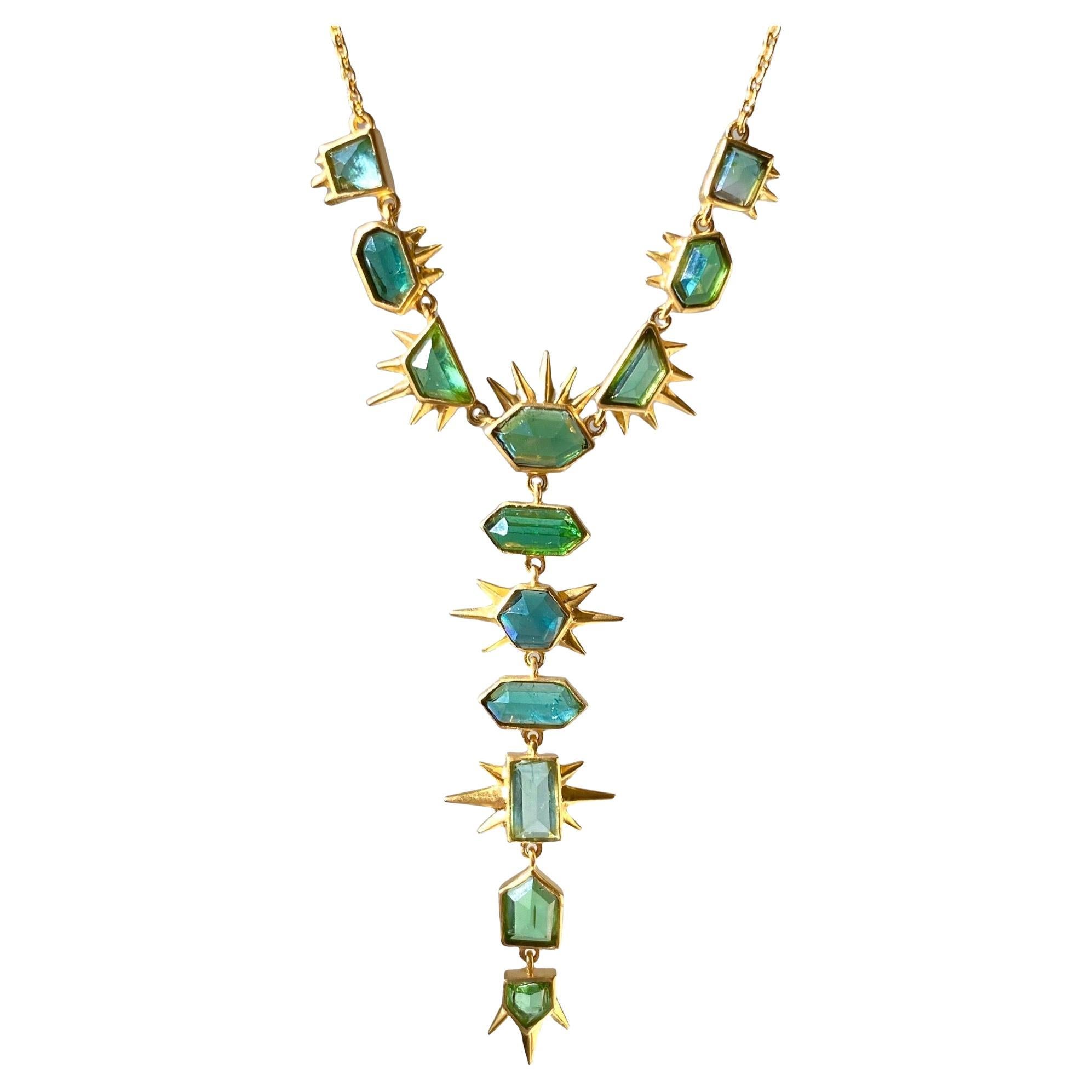 6.91 Carats Green Tourmaline and 18kt Gold Necklace by Lauren Harper For Sale