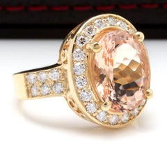 6.91 Carats Natural Morganite and Diamond 14K Solid Yellow Gold Ring