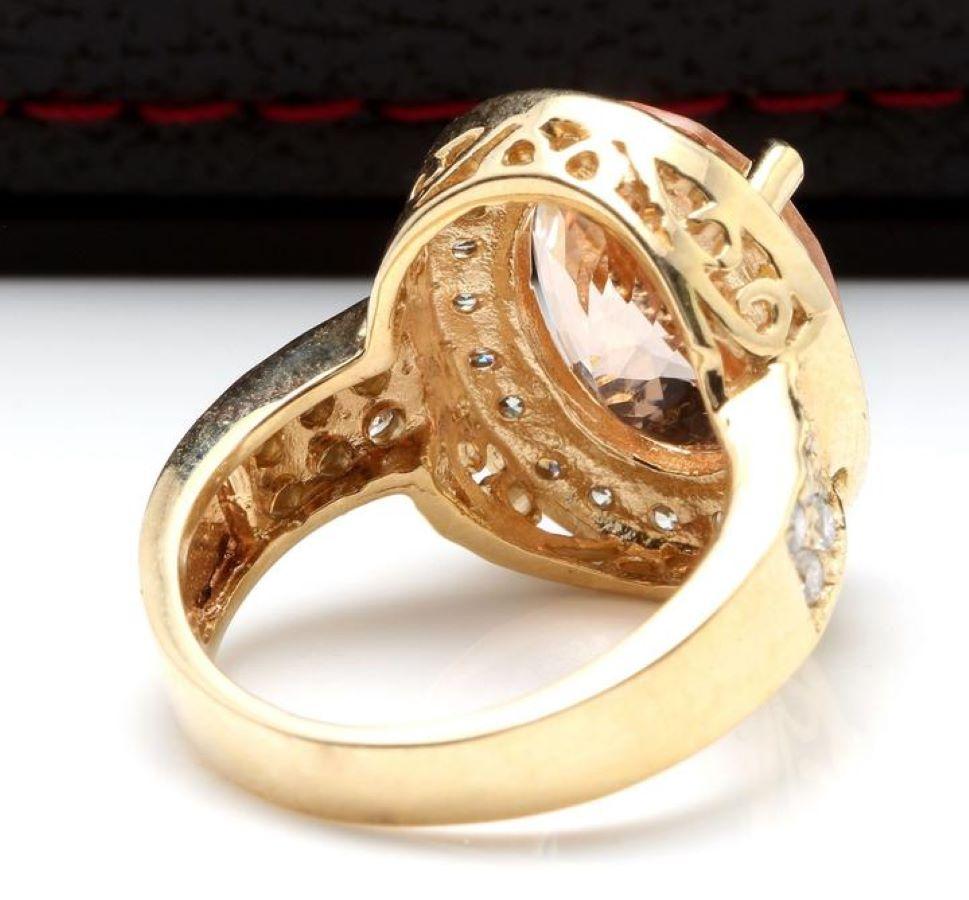 Mixed Cut 6.91 Carats Natural Morganite and Diamond 14K Solid Yellow Gold Ring For Sale