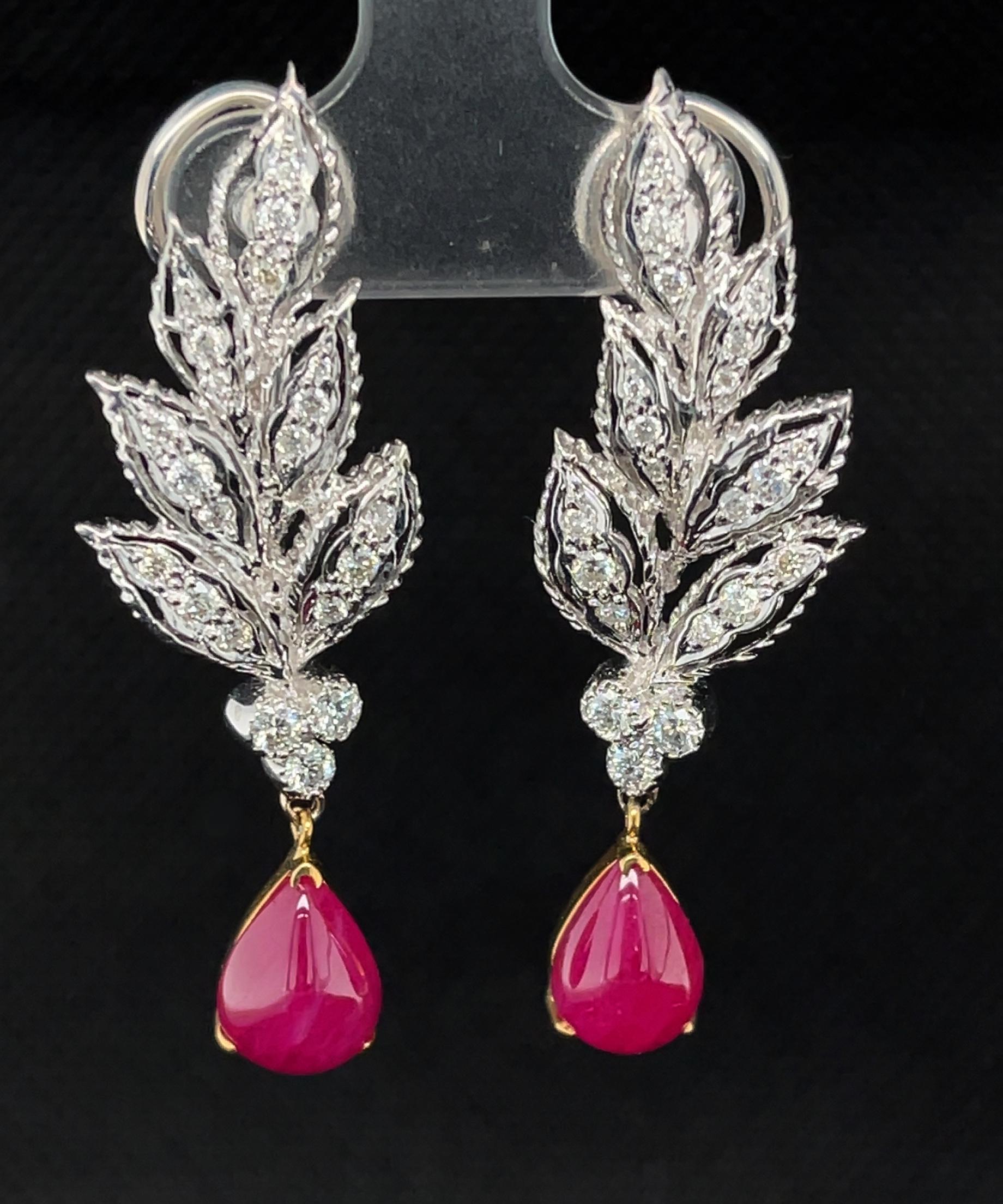 6.91 ct. t.w. Burmese Ruby Cabochon Diamond 18k White Gold Dangle Clip Earrings 4
