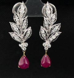 6.91 ct. t.w. Burmese Ruby Cabochon Diamond 18k White Gold Dangle Clip Earrings