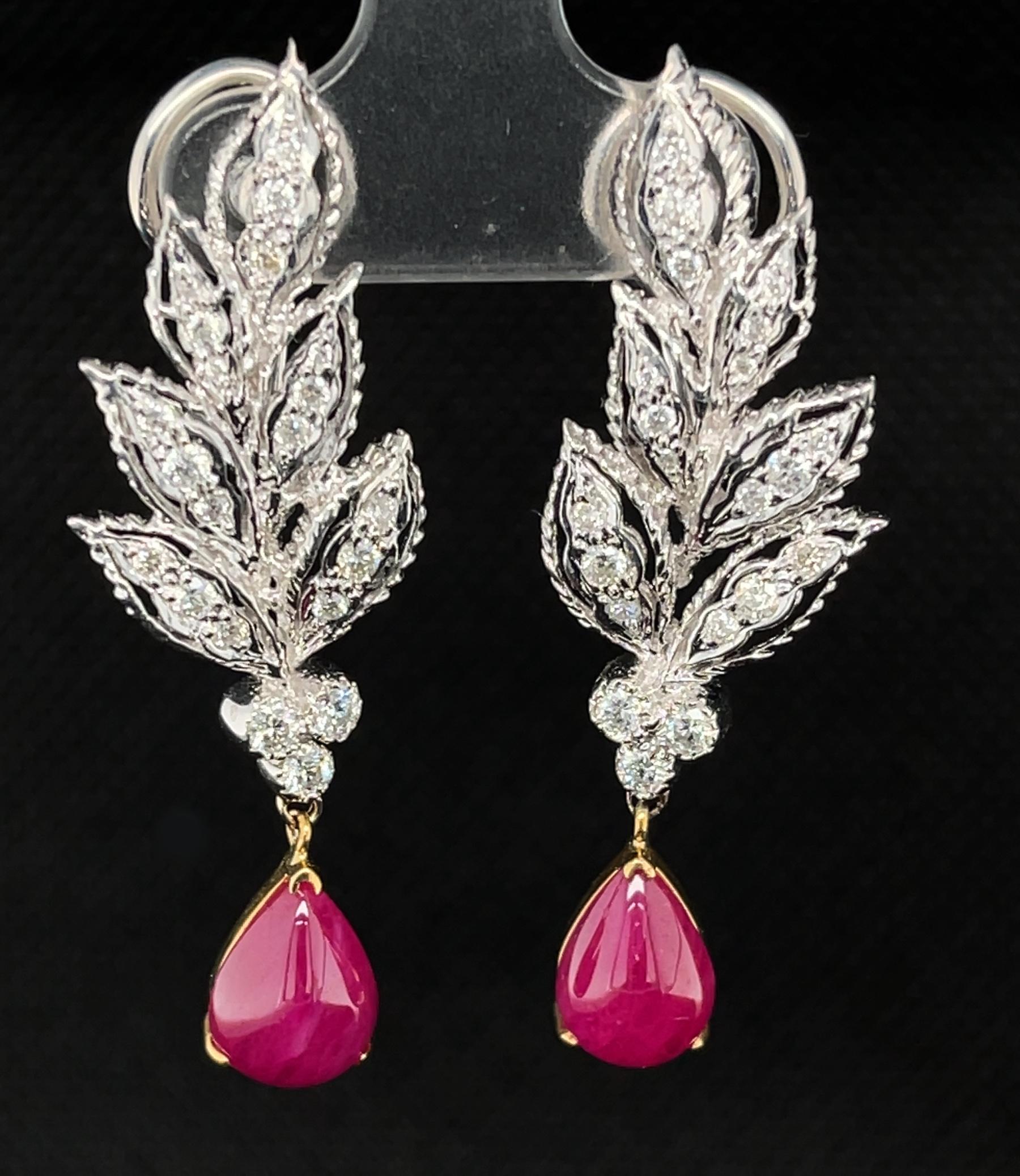 Artisan 6.91 ct. t.w. Burmese Ruby Cabochon Diamond 18k White Gold Dangle Clip Earrings