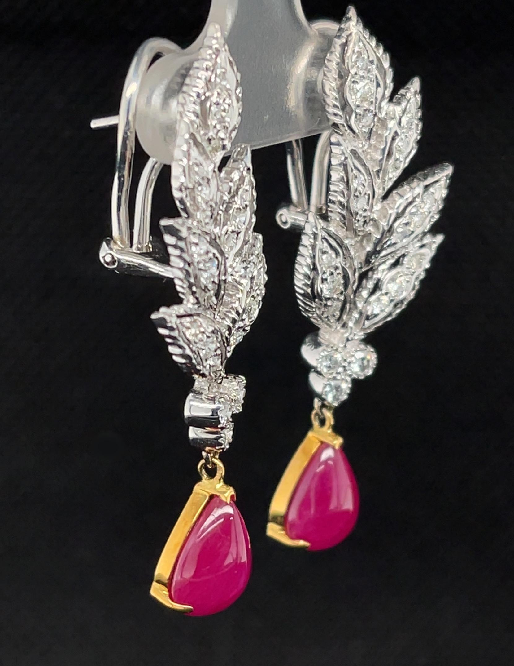 Brilliant Cut 6.91 ct. t.w. Burmese Ruby Cabochon Diamond 18k White Gold Dangle Clip Earrings