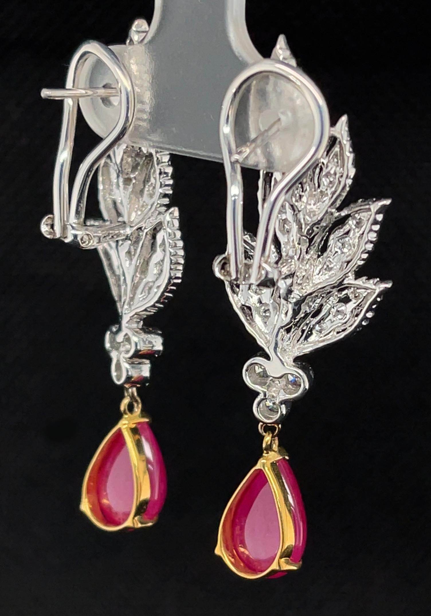 Women's 6.91 ct. t.w. Burmese Ruby Cabochon Diamond 18k White Gold Dangle Clip Earrings
